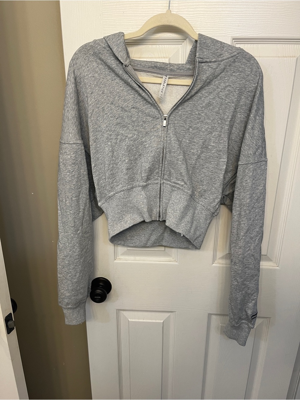Fabletics Cropped Wide Band Zip-Up Hoodie in Gray size S